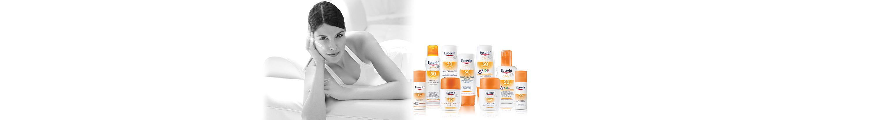 Mujer con el símbolo de protección solar de Eucerin en el hombro